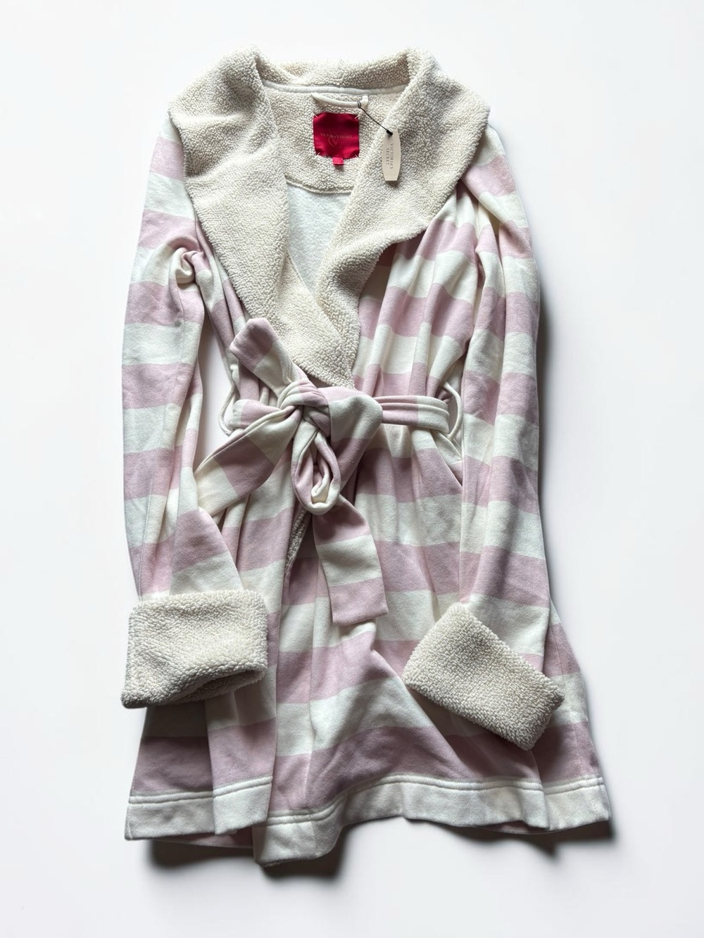 NWT 2009 Victoria’s Secret Sherpa Plush Robe Pink White Stripes Cotton Blend S